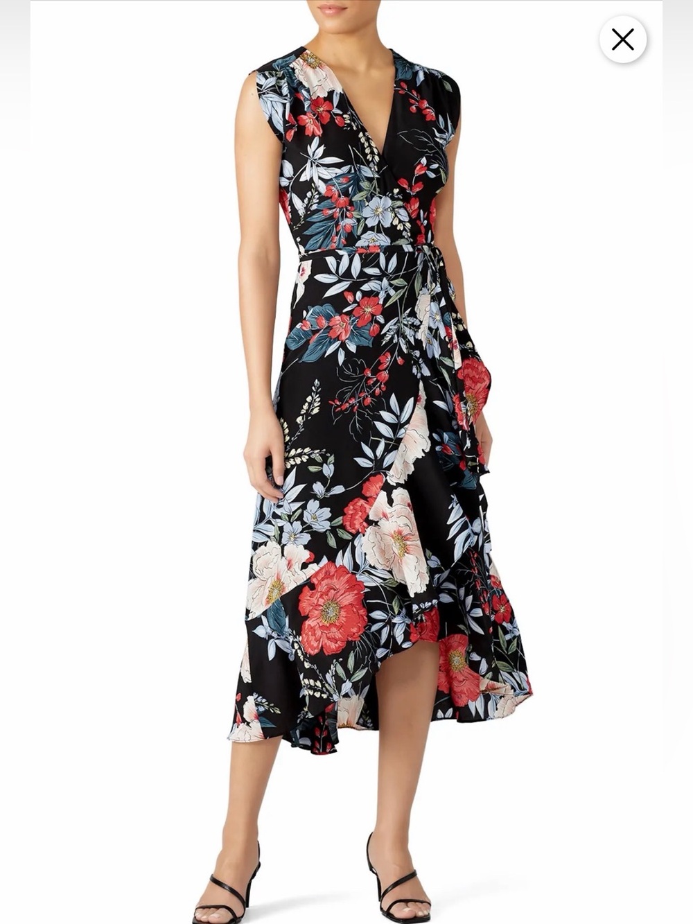 Yumi Kim 100% Silk Black Midi Dress with Red, Cream & Blue Floral Print